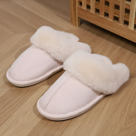 Women Fashion Winter Warm Fluffy Slippers Women Cozy Faux Fur Indoor House Slides Ladies Thick Sole Non Slip Plush Cotton Shoes (beige,40-41)