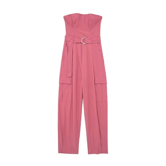 Women Fashion With Belt Pockets Solid Backless Jumpsuits Vintage Strapless Slash Neck Female Chic Lady Rompers-SoftRed-L