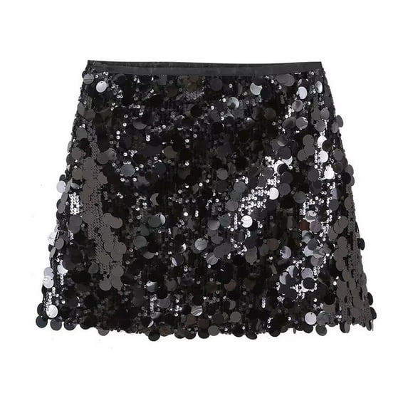 Women Fashion With Sequined Solid Side Zipper Mini Skirt Vintage High Waist Female Chic Lady Skirts