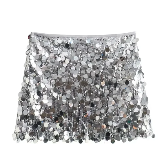 Women Fashion With Sequined Solid Side Zipper Mini Skirt Vintage High Waist Female Chic Lady Skirts