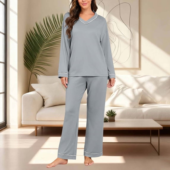 Women Fashionable Casual Loose Solid Color V Neck Long Sleeved Pants Pajama Set Top Pants Set
