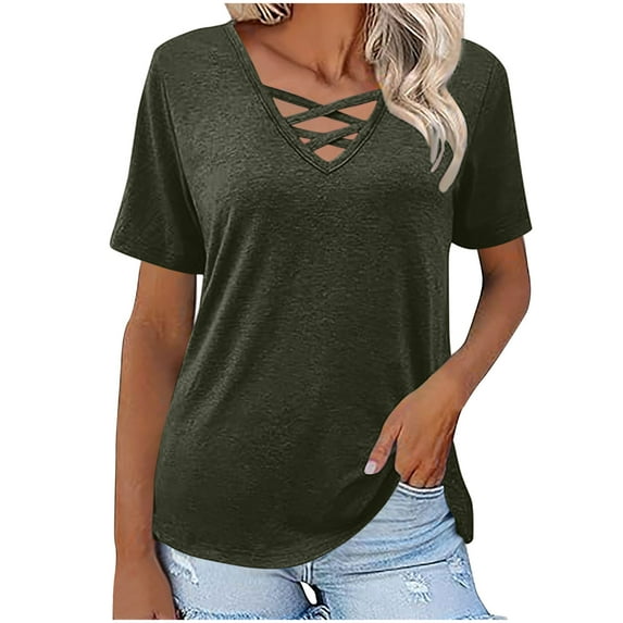 Yghzkop Blouses for Women 2025 Summer Fashion V Neck Top Short Sleeve Tunic T-shirts Casual Loose Fit Blouses & Tops Women's Shirts for Workout Beach Work