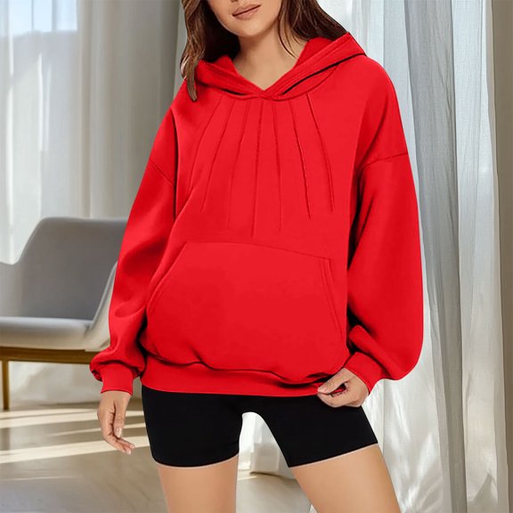 Women Fashionable Casual Solid Pocket Long Sleeved Hooded Sweatshirt Top - Stylish Comfortable Pullover for Home and Work