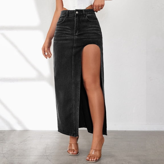 Women Fashionable Design High Slit Spring And Summer Washed Solid Color Mid Length Skirt Denim Skirt Long Stilt Pants Pants for Women Size 20 on Jean Leggings Jean Pants for Women Denim Knit Leggings