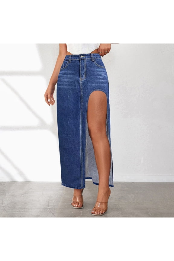 Women Fashionable Design High Slit Spring And Summer Washed Solid Color Mid Length Skirt Denim Skirt Long Stilt Pants Pants for Women Size 20 on Jean Leggings Jean Pants for Women Denim Knit Leggings