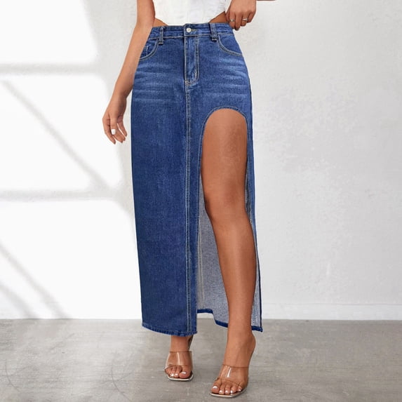 Women Fashionable Design High Slit Spring And Summer Washed Solid Color Mid Length Skirt Denim Skirt Long Stilt Pants Pants for Women Size 20 on Jean Leggings Jean Pants for Women Denim Knit Leggings