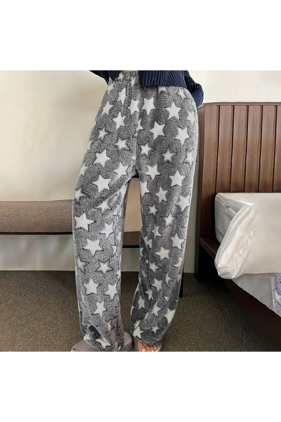 Women Fashionable Elastic Waistband Wide Leg Straight Leg Pants with Star Pattern
