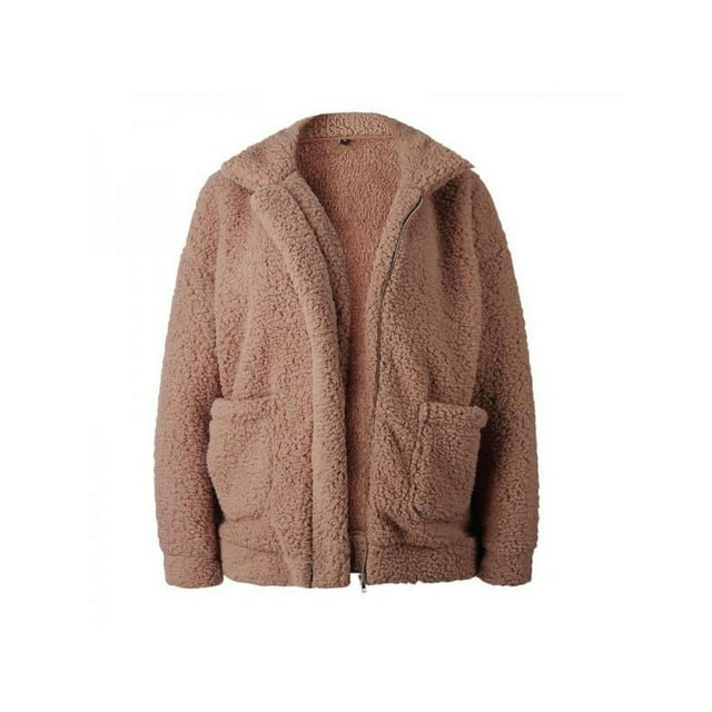 Women Fashionable Loose Lapel Cozy Jacket Coat Long Sleeve Autumn Winter Warm Zipper Plush Outwear