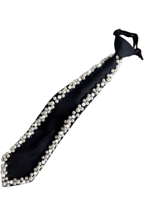 Women Faux Bow Tie, Black Silk Necktie, Adjustable Pre-tied Tie with Rhinestones, Formal Wear for Women