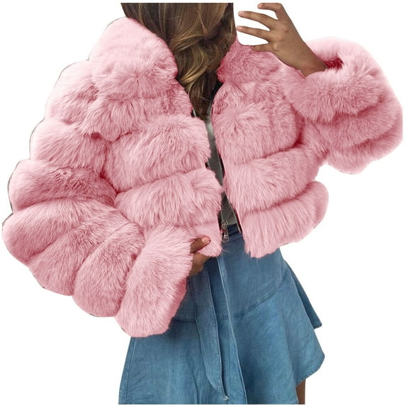 Women Faux Coat Fluffy Cropped Jacket Plus Size Zip Up Winter Warm Fuzzy Jacket Fleece Outerwear