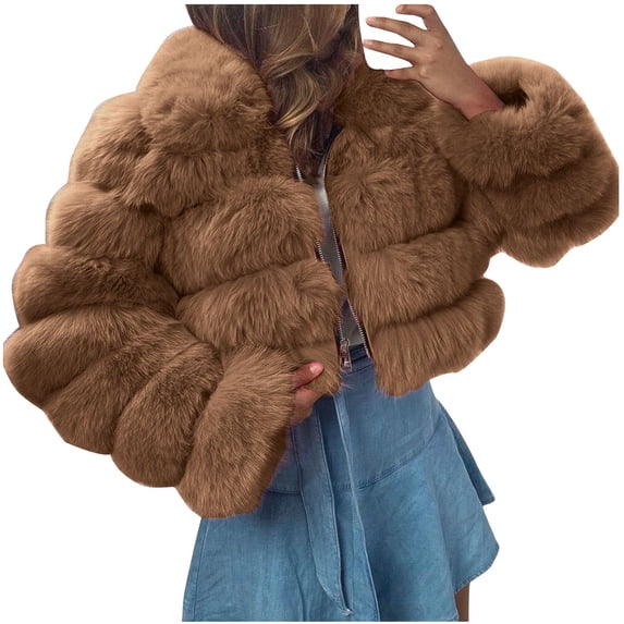 Women Faux Coat Fluffy Cropped Jacket Plus Size Zip Up Winter Warm Fuzzy Jacket Fleece Outerwear