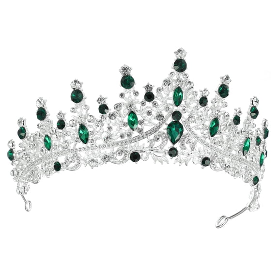 Women Faux Crystal Queen Crowns Tiara Princess Rhinestone Tiaras Party Cosplay Silver Tone Green