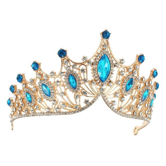 Women Faux Crystal Queen Crowns Tiara Rhinestone Tiaras Bride Party Cosplay Tiaras Gold Tone Dark Blue