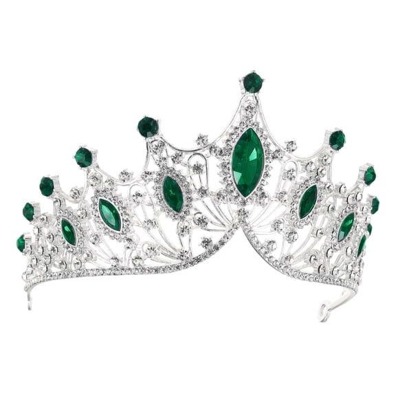 Women Faux Crystal Queen Crowns Tiara Rhinestone Tiaras Bride Party Cosplay Tiaras Silver Tone Green