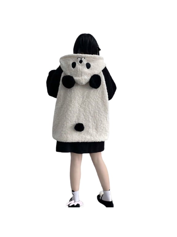 Women Faux Fleece Hoodies Jacket Kawaii Panda Ears Long Sleeve Button Sweatshirt