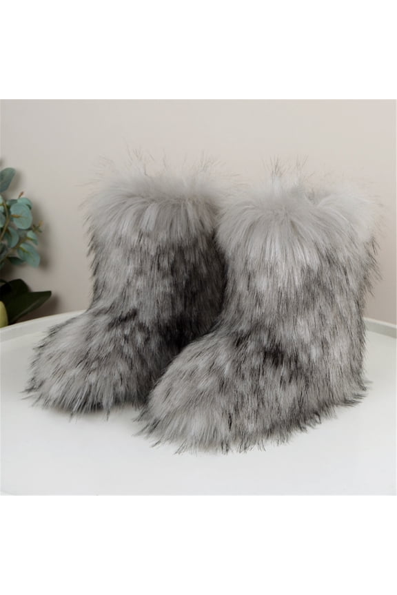 Women Faux Fur Boot Furry Fluffy Snow Boot Short Boots Warm Comfortable Outdoor Flat Shoes
