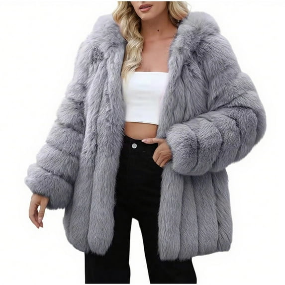 Women Faux Fur Coat Fluffy Long Sleeve Lapel Jacket with Hood Winter Warm Parka Elegant Overcoat Outerwear