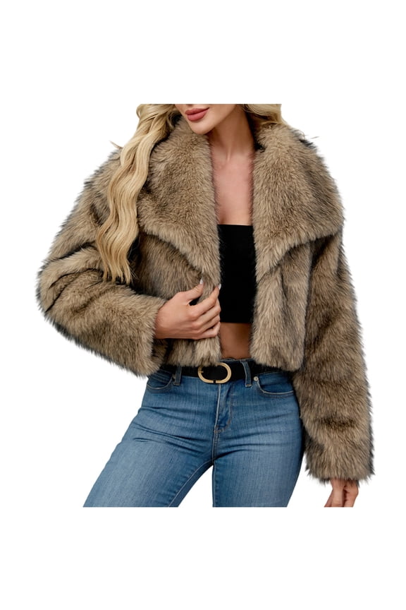 Women Faux Fur Coat Fluffy Long Sleeve Tops Open Front Cropped Furry Jacket Shaggy 2025 Warm Winter Outwear