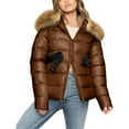 thumbnail image 1 of Women Faux Fur Collar Jackets Hooded Front Zip Belt Short Coat Thermal Casual Stylish Winter Outwear With Pockets (L, Coffee), 1 of 7
