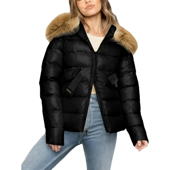 Women Faux Fur Collar Jackets Hooded Front Zip Belt Short Coat Thermal Casual Stylish Winter Outwear With Pockets (S, Black)