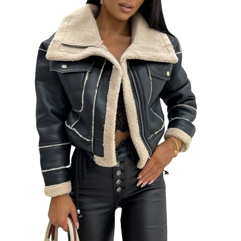 Women Faux Fur Collar Suede Leather Short Jacket Sherpa-Lined Zipper Bomber  Aviator Coats Outerwear