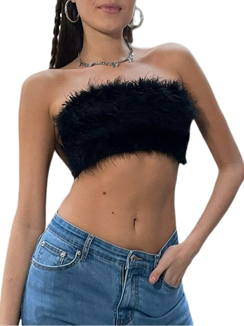 Women Faux Fur Crop Tops Bandeau Off Shoulder Plush Feather