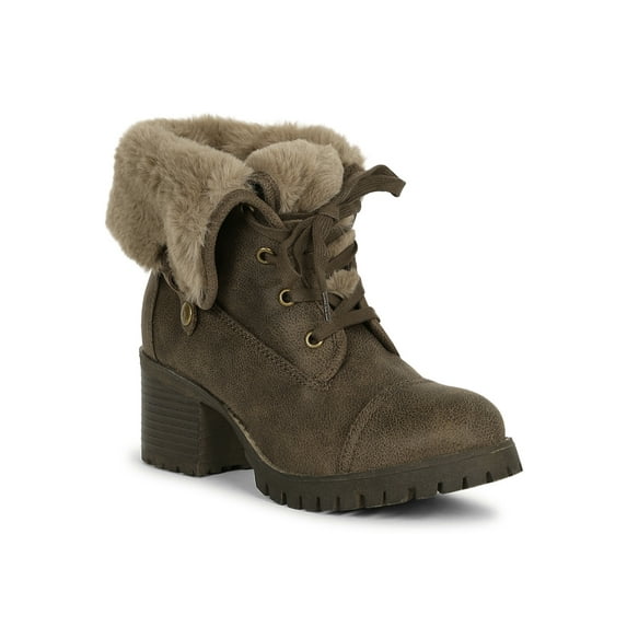 Women Faux Fur Cuff Stacked Lug Sole Chunky Heel Combat Boot 19543