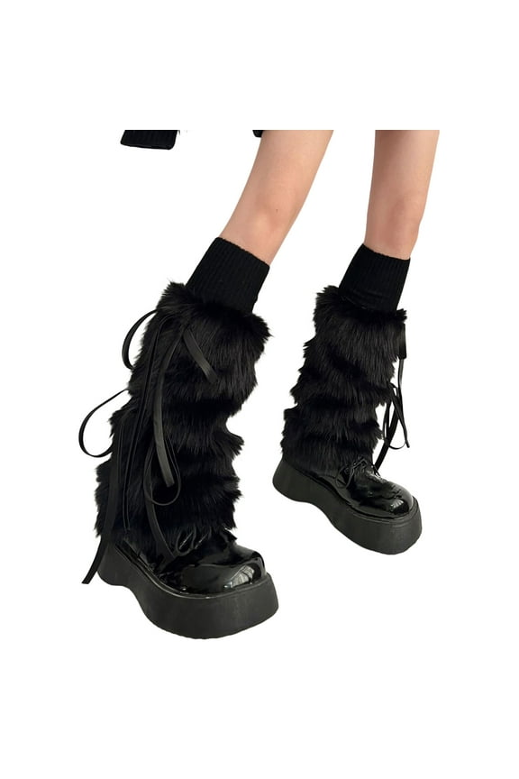 Women Faux Fur Fluffy Leg Warmers Ribbon Bow Top Soft Boot Cuffs Covers Carnival Costume Accessory