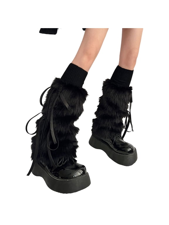Women Faux Fur Fluffy Leg Warmers Ribbon Bow Top Soft Boot Cuffs Covers Carnival Costume Accessory