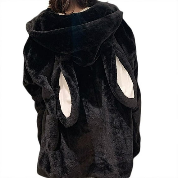 Women Faux Fur Hoodies for Jacket Bunny Ears Zip Up Fuzzy Oversized Sweatshirt C