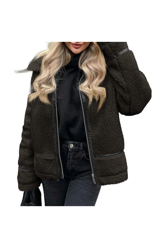 Women Faux Fur Leather Patchwork Moto Jacket Sherpa Lined Winter Coat with Zip Up