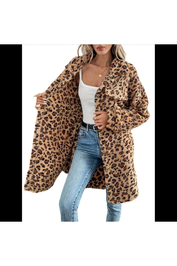 Women Faux Fur Long Jacket Fleece Leopard Printed Button Down Coats Lapel Flannel Winter Fall Outwear Dark Brown M