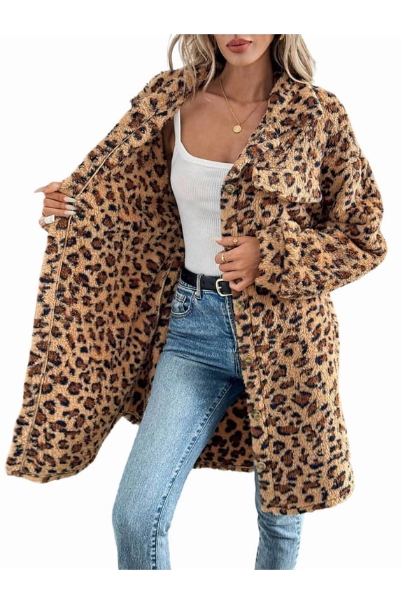 Women Faux Fur Long Jacket Fleece Leopard Printed Button Down Coats Lapel Flannel Winter Fall Outwear Dark Brown M