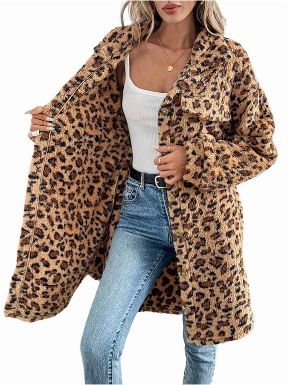 Women Faux Fur Long Jacket Fleece Leopard Printed Button Down Coats Lapel Flannel Winter Fall Outwear Dark Brown XL