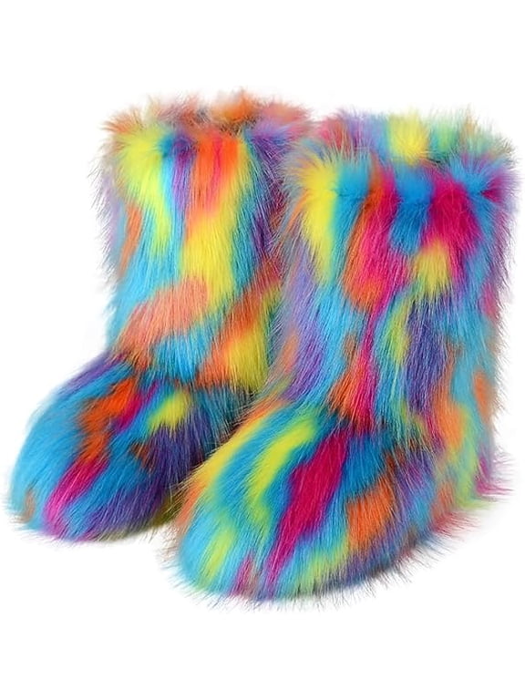 Women Faux Fur Mid‑Calf Boots, Fluffy Furry Plush Winter Boots, Soft Fuzzy Warm Costume Party Shoes for Daily Holiday Wear