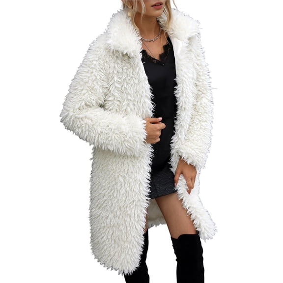 Women Faux Fur Winter Coats Comfort Warm Outerwear Open Front Long Cardigan Overcoat Jacket Cream White M