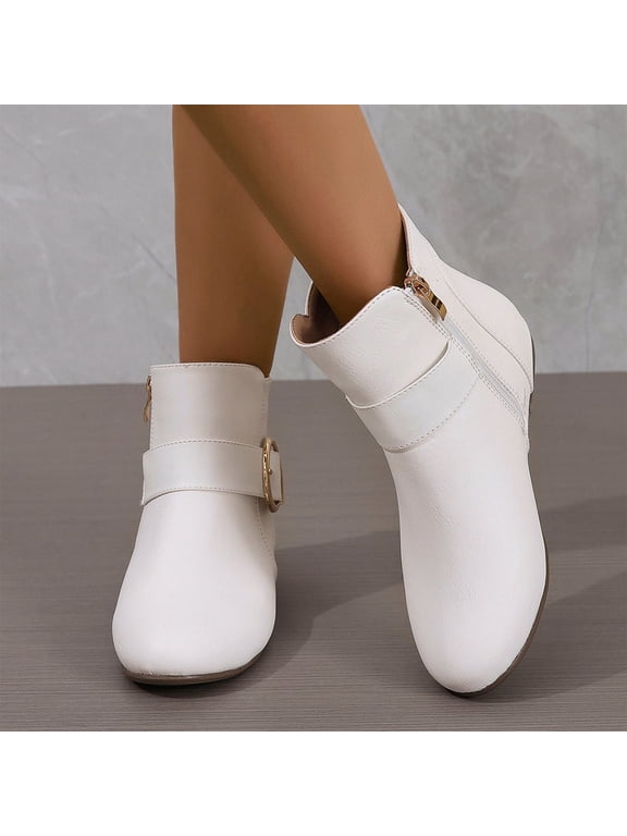 Women Faux Leather Ankle Boots Round Toe Low Block Heel Metal Ring Buckle Side Zipper Casual Short Booties White 5.5