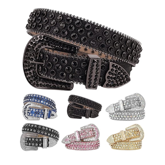 Women Faux Leather Belt Rivet Rhinestones Punk Style Belt Adjustable Length Multi Holes Pin Buckle Hip Hop Style Belt