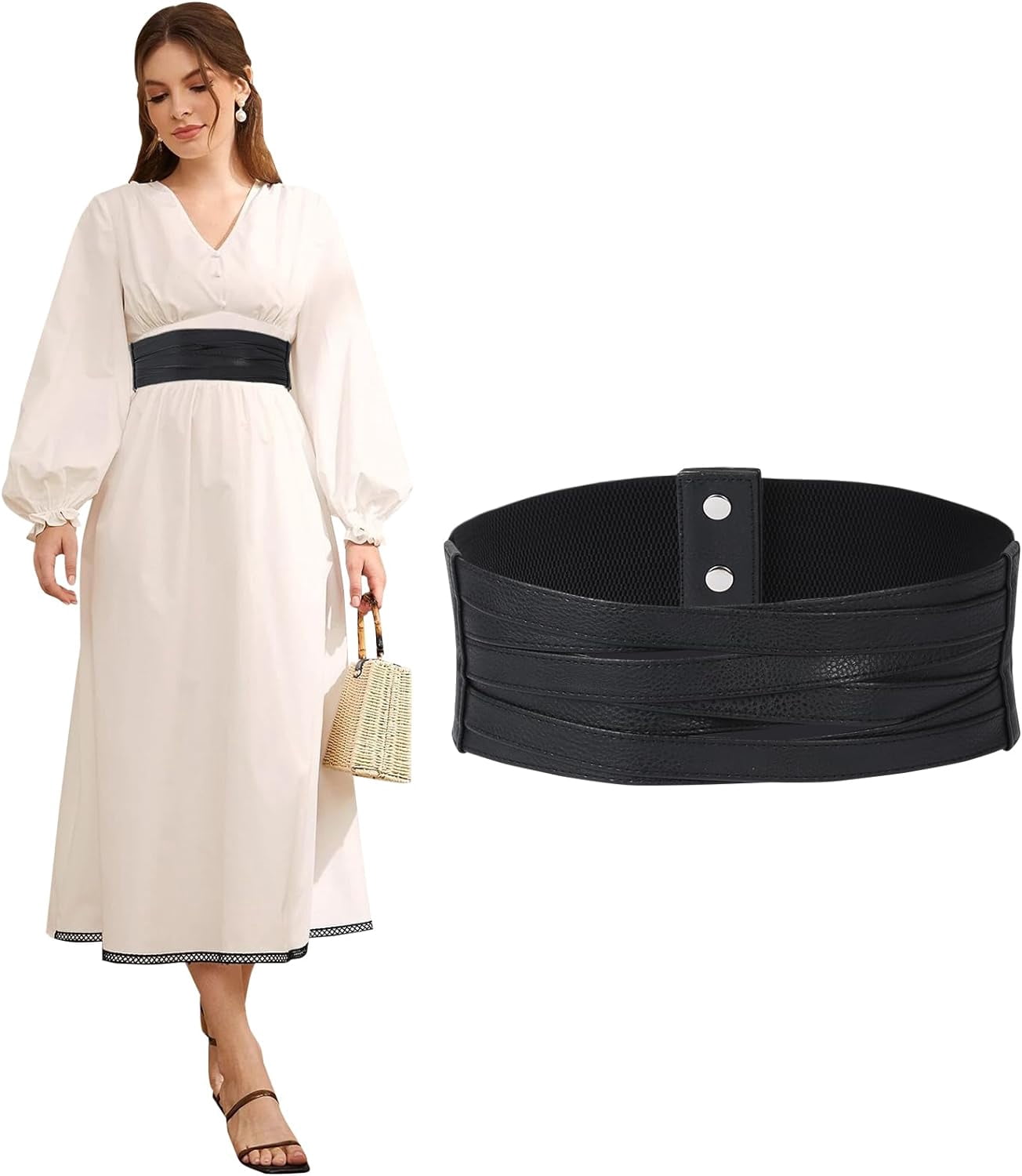 6518 Women Faux Leather Braided Waist Belt For Dress Elastic Stretch Pettata 2 Pack Thin Braided Belts for Women Classic Waist  main image 2