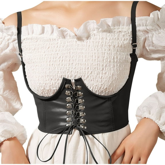 Women Faux Leather Corset Waist Belt Adjustable Straps Elastic Wide Underbust Lace-up Steampunk Waspie Belts