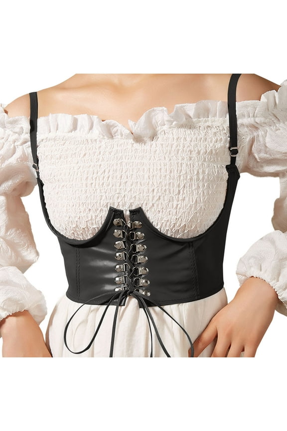 Women Faux Leather Corset Waist Belt Adjustable Straps Elastic Wide Underbust Lace-up Steampunk Waspie Belts