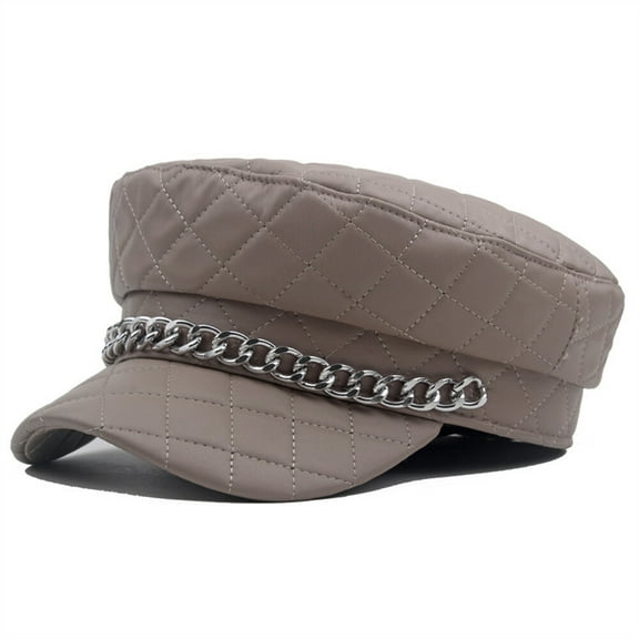 Women Faux Leather Grids Metal Chain Navy Flat Painter Hat Newsboy Ivy Beret Cap