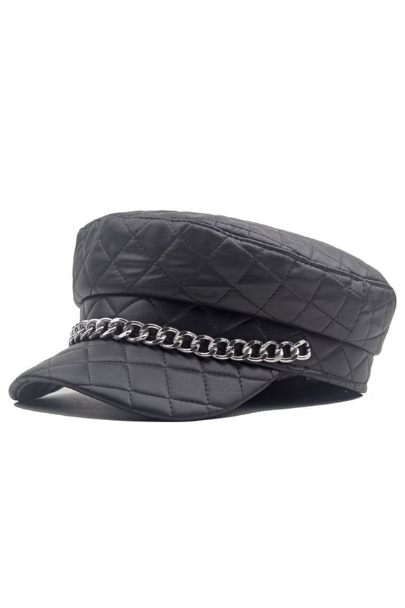 Women Faux Leather Grids Metal Chain Navy Flat Painter Hat Newsboy Ivy Beret Cap