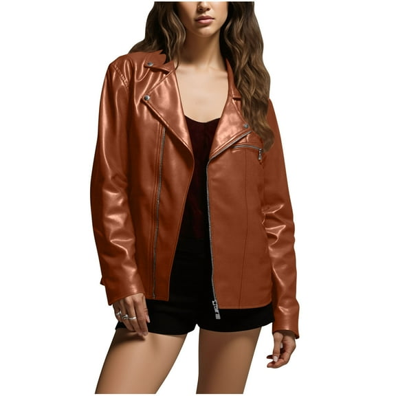 Women Faux Leather Jacket 2025 Fall Winter Coat Long Sleeve Zip Up Outwear Sports Basic Parka with Pockets