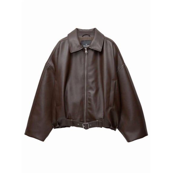 Women Faux Leather Jacket Lapel Collar Zip Up Long Sleeve Motor Biker Short Coat Jacket Brown L