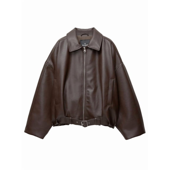 Women Faux Leather Jacket Lapel Collar Zip Up Long Sleeve Motor Biker Short Coat Jacket Brown M
