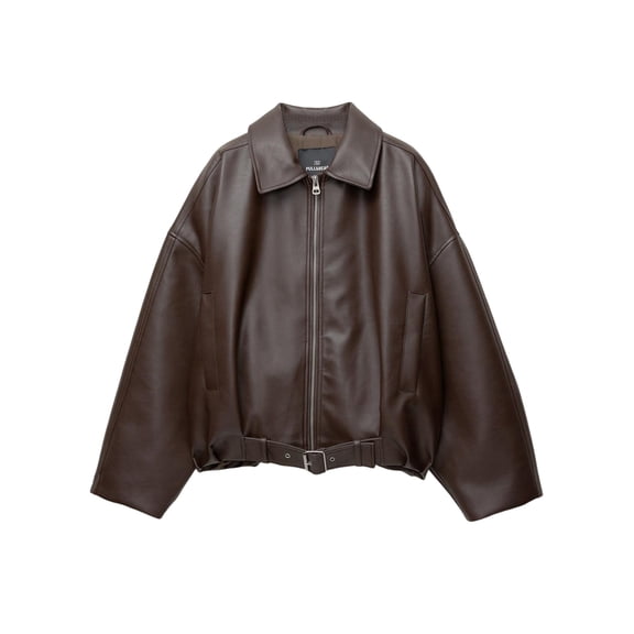 Women Faux Leather Jacket Lapel Collar Zip Up Long Sleeve Motor Biker Short Coat Jacket Brown S