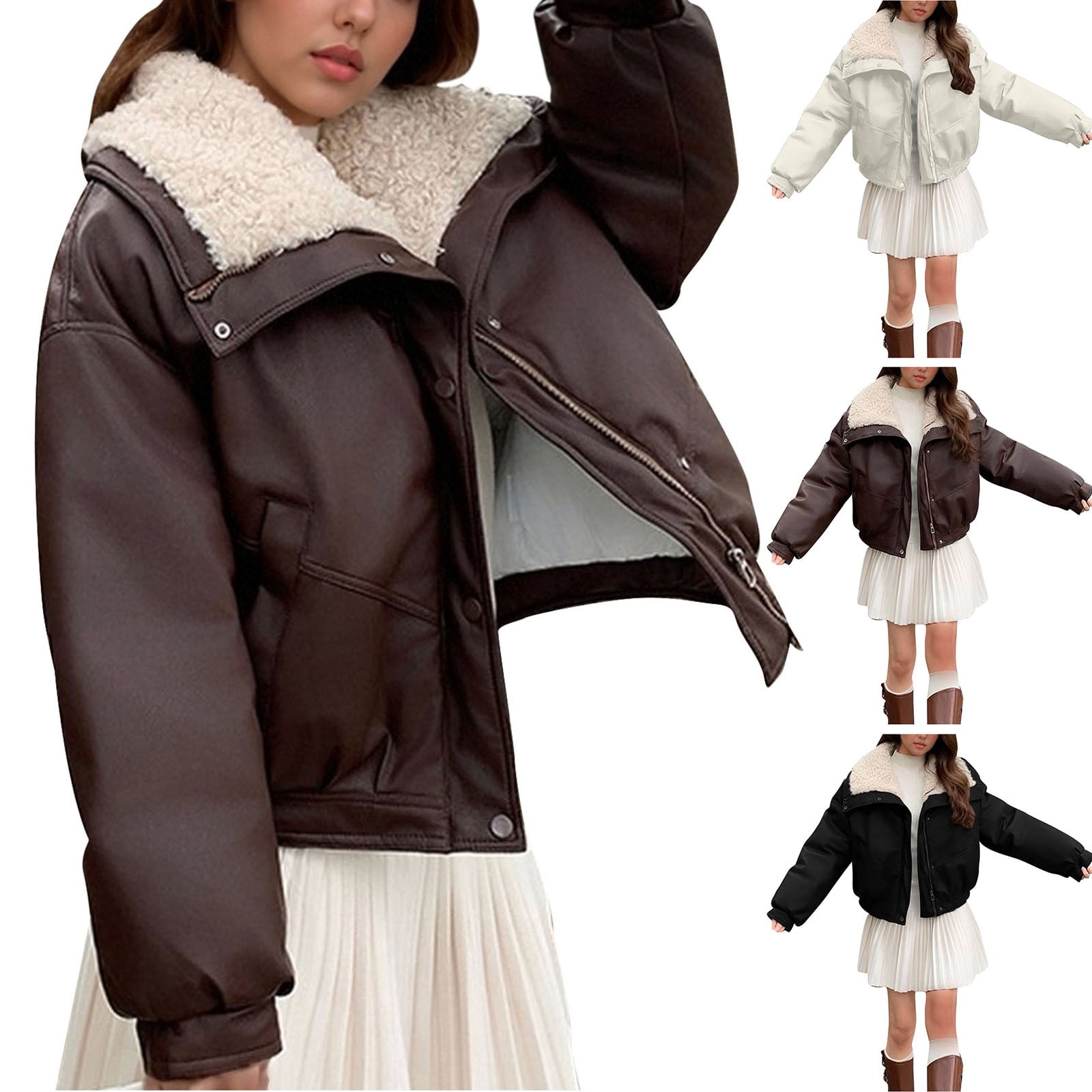 Ruziyoog Women's Faux Leather Zip-Up Aviator Jacket – Sherpa-Lined