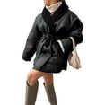 thumbnail image 1 of Women Faux Leather Jacket with Faux Fur Collar, Winter Long Sleeve Furry Trim Peplum Parka Coat with Belt Black L, 1 of 7