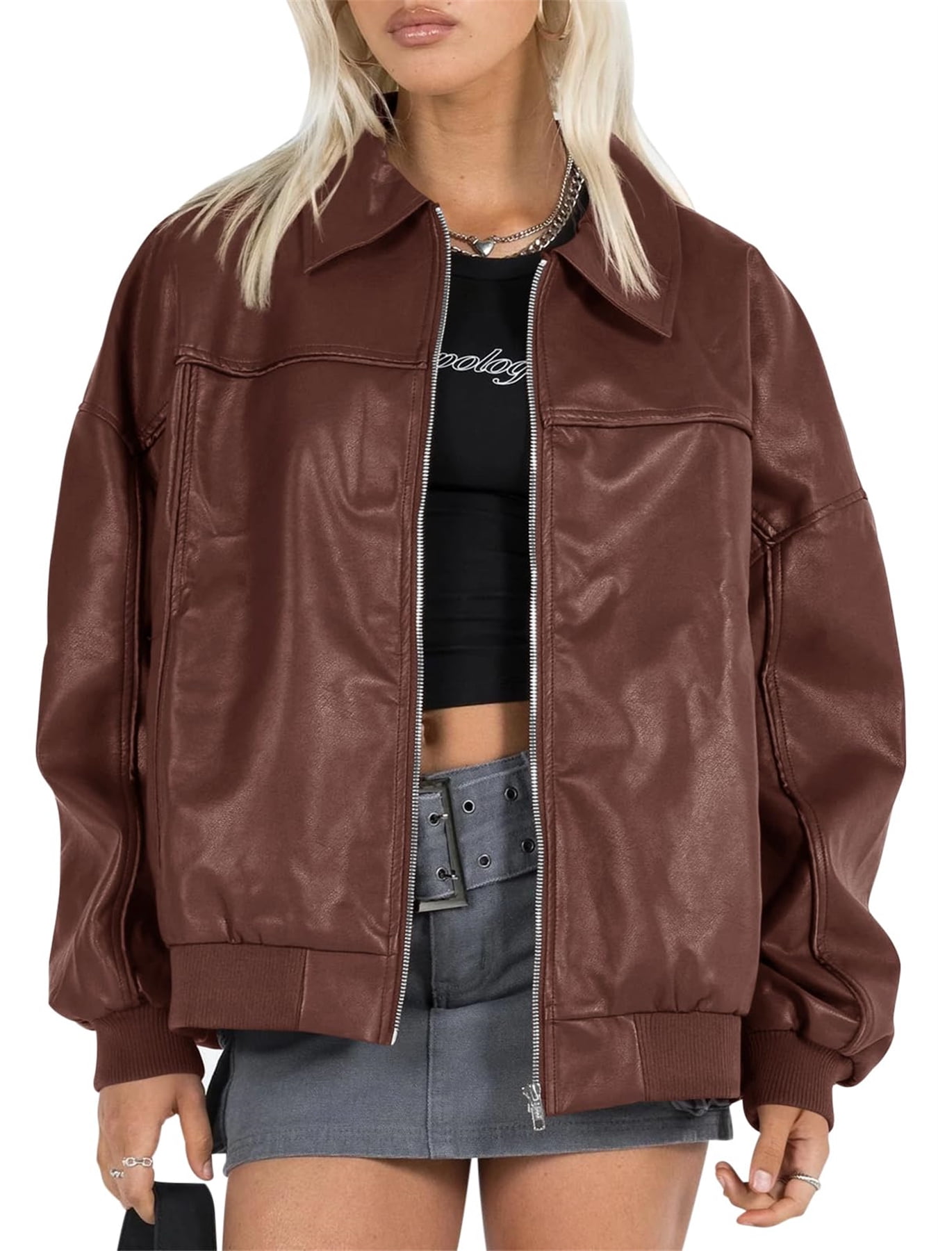 Women Faux Leather Jackets Bomber Casual Zip Moto Biker Coat